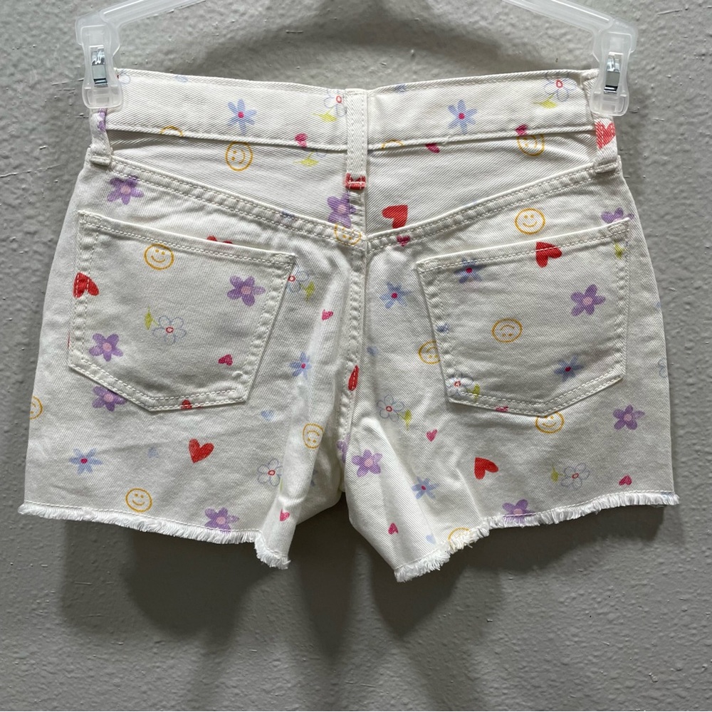 Old Navy White Shorts Flower-Smile Face Print High Rise Adjustable Waist Size 12 - Picture 2 of 16